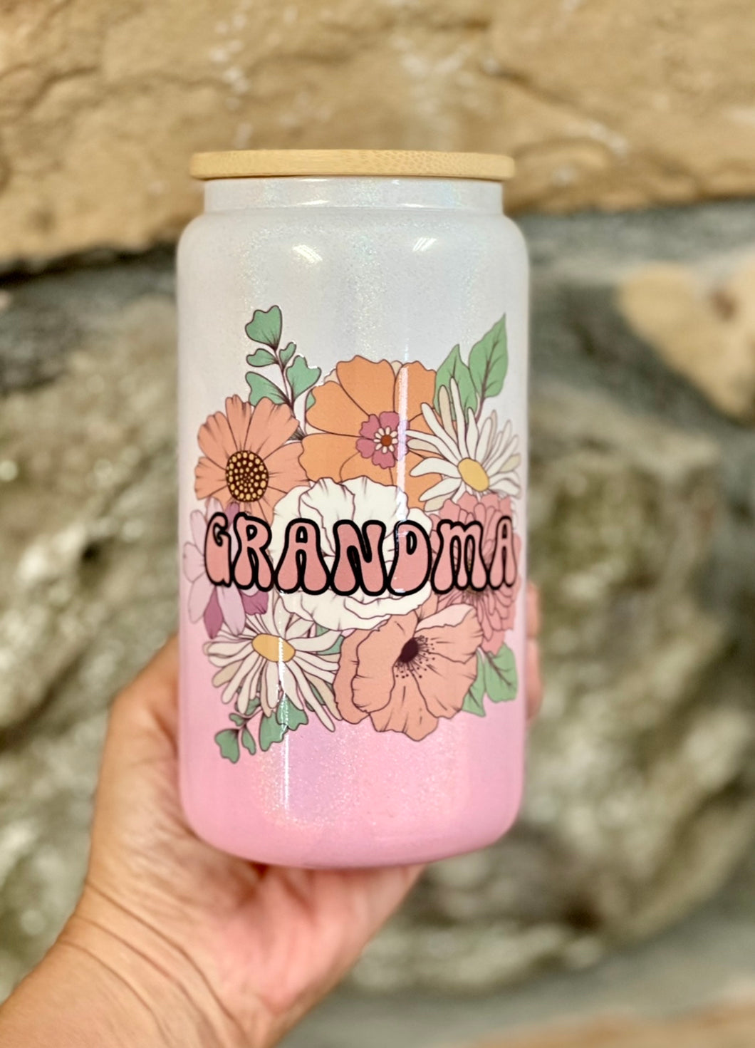 Grandma Floral Glass Can